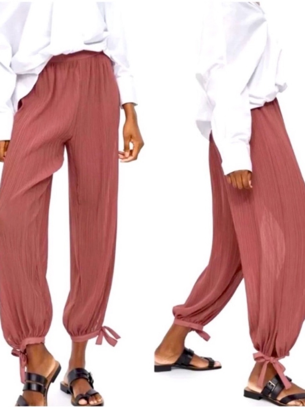 ZARA | Coral Pink Sheer Pleated Tie-Hem Pants High Waist